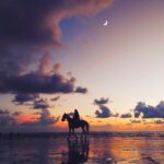 Silhouette of a horse and rider against a stunning twilight sky on a beach in Mumbai.